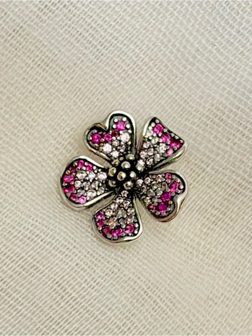 Pink Pavé Peach Blossom Oversized Flower Charm | 925 Sterling Silver, Pink CZs